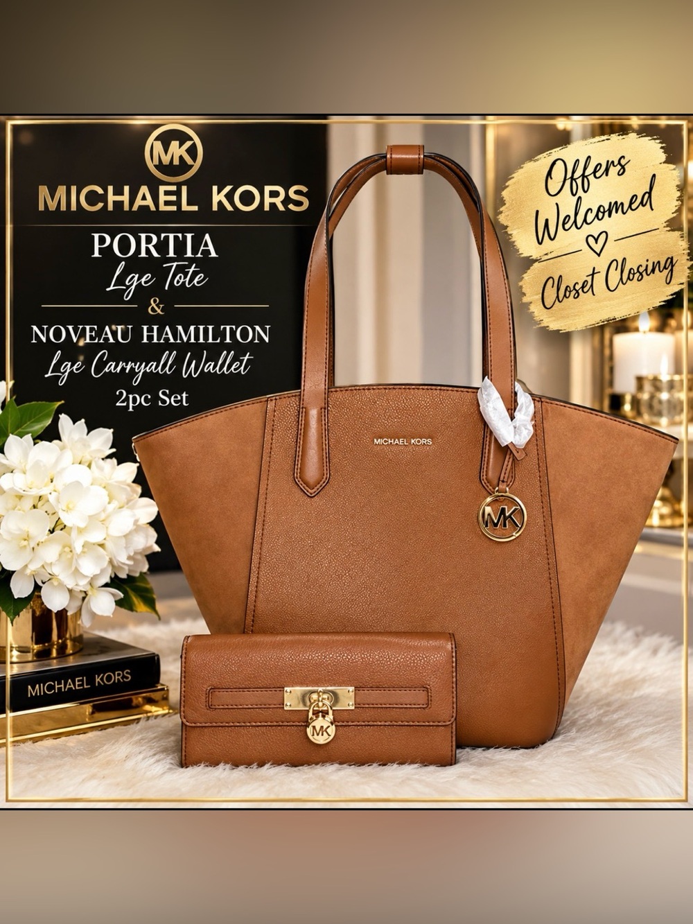 Michael Kors PORTIA Lge Tote/NOVEAU HAMILTON Lge Carryall Wallet 2pc Set